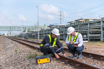 engineer sitting on railway inspection. construction worker on railways. Engineer work on railway. rail, engineer, Infrastructure	
