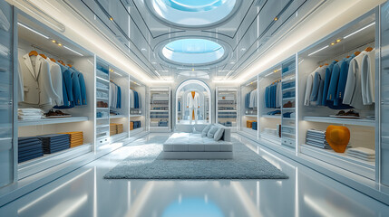 A luxury, futuristic and modern male walk-in closet filled with professional business suits, shirts, leather shoes, and hats of various colors