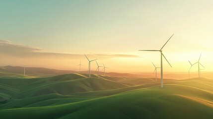 Sunset view of wind turbines on rolling green hills, representing clean energy and sustainability in a serene rural landscape.