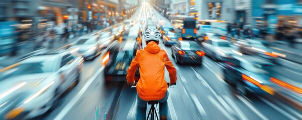 Urban cyclist in orange jacket navigating through heavy traffic. Long exposure photo capturing fast-paced city life and commuting.