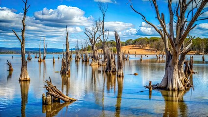 Fototapeta premium Dead tree trunks emerging from water in Australian landscape, Australia, scenic, nature, landscape, dead trees, water