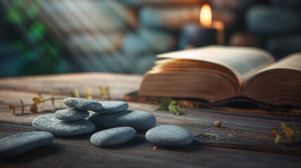 Zen Stones and Open Book in Candlelight