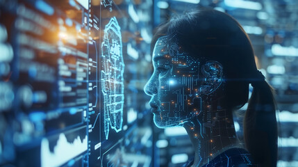 AI interface with holographic images and data streams women face with technology particles symbolizing the integration of artificial intelligence virtual screens computer code futuristic atmosphere