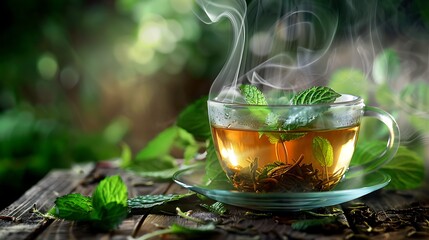 A Cup of Steaming Mint Tea on a Rustic Table