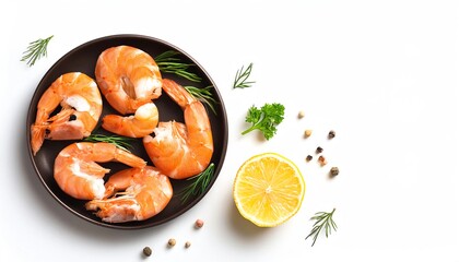 Fresh cooked shrimp in a black bowl with dill, lemon, and spices on a white background. Perfect for seafood recipes and culinary presentations.