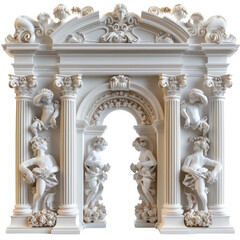 Baroque Arch, Ornate white archway with statues, Decorative architecture on a transparent background.