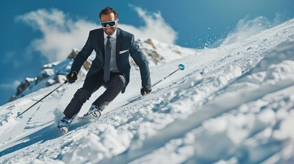 Businessman in Suit Skiing Down Snowy Mountain Slope on a Sunny Day