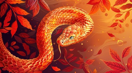 Obraz premium Vibrant Red Snake in Autumn Foliage - Colorful Reptile Wildlife Illustration