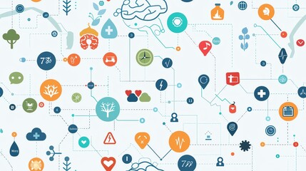 Cognitive health, brain surrounded by healthy icons, flat design illustration