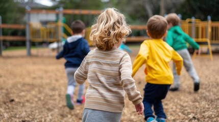 Children playing tag at a playground