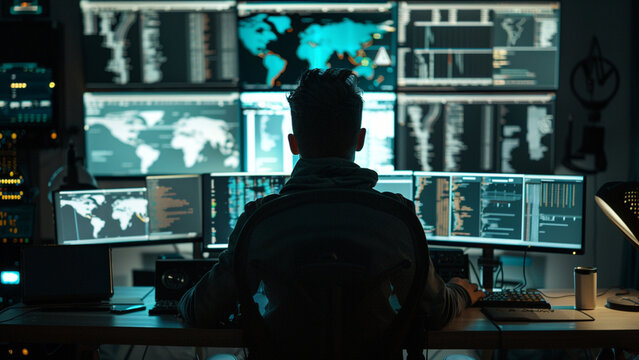 Cybersecurity Professional Analyzing Complex Data from Multiple Screens