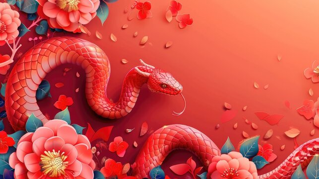 Red Snake Among Blossoms and Leaves with Gradient Background