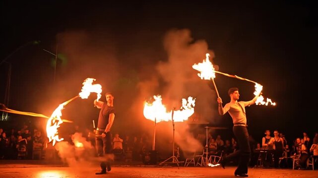 Fire Show Performance at Night Featuring Two Professional Dancers Engaging With Flames Generative AI