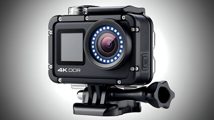 A compact, action camera with 4K resolution and waterproof design