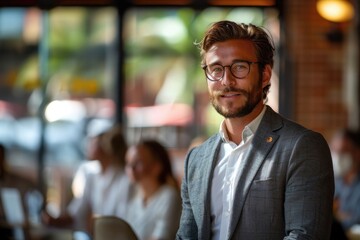 Obraz premium A man in a suit and glasses is smiling at the camera