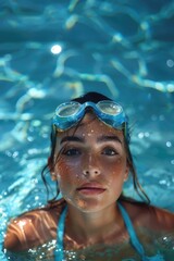 Fototapeta premium A woman in a blue swimsuit is wearing goggles and looking at the camera