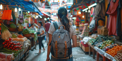 hispanic woman walks through a bustling Asian street market, with vibrant colors and a variety of fresh produce on display.