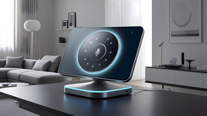 A high-tech, smart home hub with voice control and automation