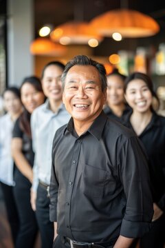 Portrait of an Asian FnB business owner with staff, Generative AI