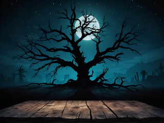 abstract horror Old wood table and silhouette dead tree at night Halloween