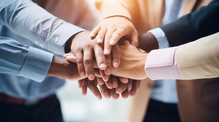 A diverse group of hands stacked together, symbolizing unity and teamwork, with each hand resting on top of the other, all set against a blurred office background - Powered by Adobe