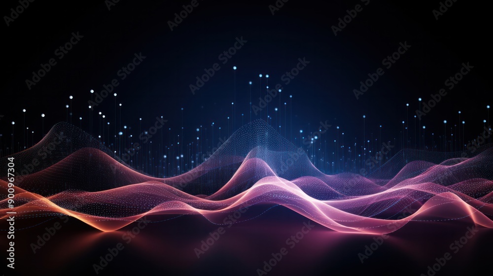Poster abstract futuristic background featuring a dynamic wave of interconnected dots and lines, creating a