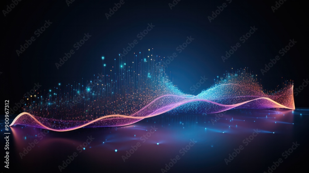 Poster abstract futuristic background featuring a dynamic wave of interconnected dots and lines, creating a