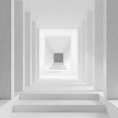 A modern white corridor with high, evenly spaced columns creating a sense of infinite depth and symmetry. The clean lines and minimalist design enhance the feeling of endlessness and serenity.