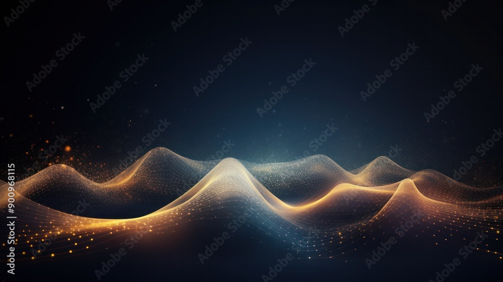 Poster abstract futuristic background featuring a dynamic wave of interconnected dots and lines, creating a