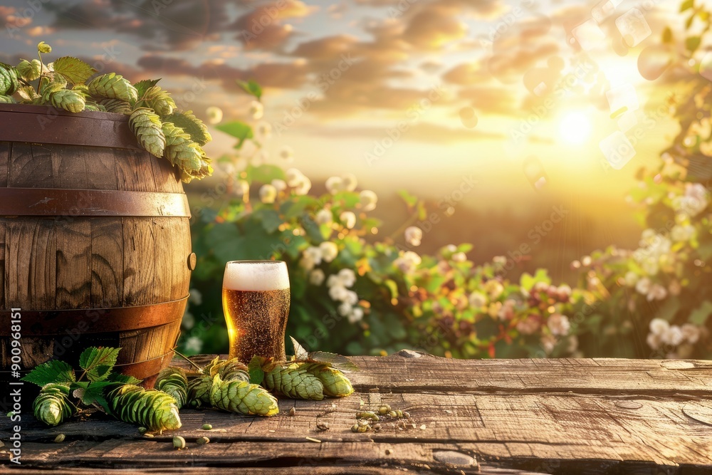 Wall mural composition with beer barrel and beer glasses with wheat and hops on wooden table over hop gardens a