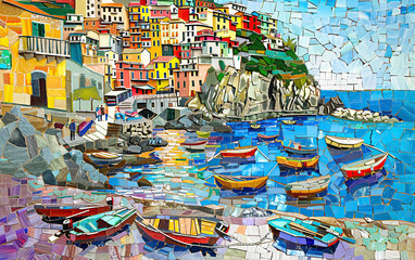 Fototapeta premium Vibrant Coastal Village Mosaic