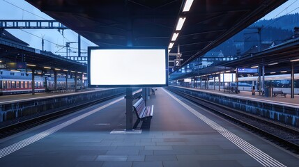 Empty Train Station Platform with Blank Billboard at Dawn generated with AI