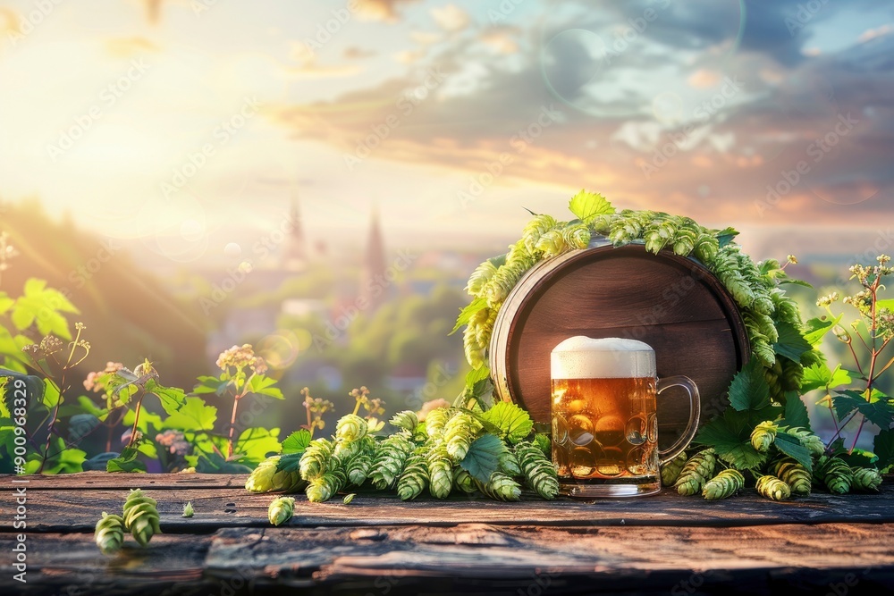 Wall mural composition with beer barrel and beer glasses with wheat and hops on wooden table over hop gardens a