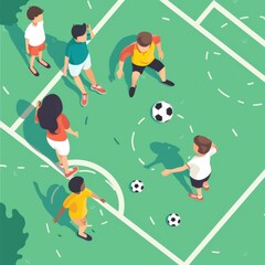 Fototapeta premium Aerial view of a vibrant soccer game with players engaged in the fun of outdoor sports on a green field.