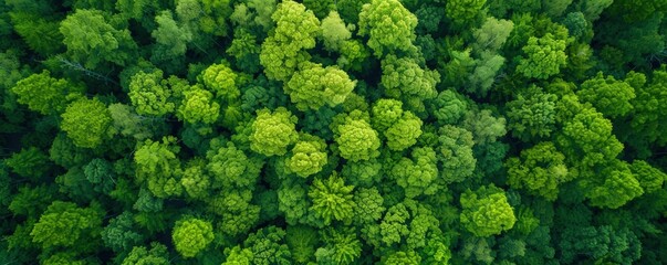 Naklejka premium Aerial view of a lush green forest filled with dense tree canopies, showcasing nature's vibrant colors and diverse landscapes.