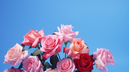 Obraz premium A beautiful composition featuring a cluster of fresh rose flowers against a bold blue backdrop. Ideal for creating content related to Valentine's Day, Mother's Day, 