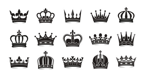 Set of crown silhouettes. Simple dark icons with crowns of kings, princes, monarchs and queens. Luxury royal tiaras with precious stones. Flat vector illustration collection isolated on background