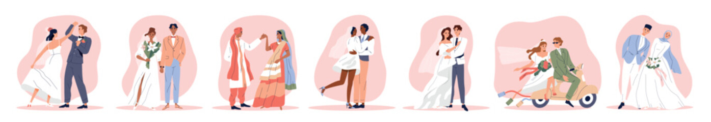 Wedding love couples set. Marriage of happy multicultural brides and grooms. Newlyweds in white dress and tuxedo. Romantic people. Flat vector illustration collection isolated on white background