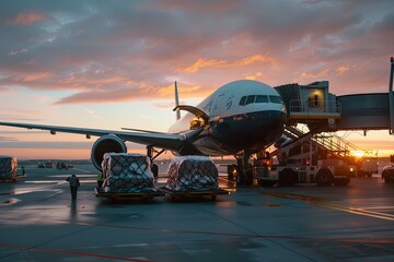 Cargo plane at sunset on the tarmac.