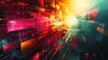 Fototapeta premium Digital Gateway: A vibrant abstract background with a dynamic perspective of glowing rectangular shapes