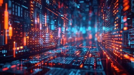 Digital Metropolis: A futuristic cityscape constructed of vibrant data streams, pulsating with energy and information in a mesmerizing digital landscape. 