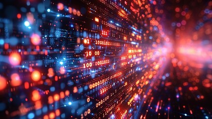 Naklejka premium Digital Autobahn: A high-speed data stream of binary code races through a fiber optic cable, illuminating the path of information flow in the digital age. 