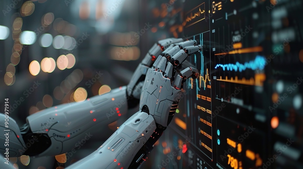 Poster the rise of the machines: a robotic hand interacts with a futuristic interface, showcasing the power