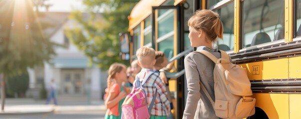 Bus driver greeting children as they board the school bus, friendly smile, morning routine, back to school, safe and dependable transportation