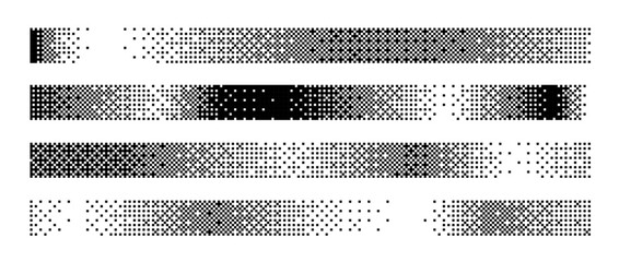 Bitmap gradient border set. Black dotted halftone header or footer collection. Pixelated rectangle decoration element for banner, poster, advertisement, card, cover. Vector horizontal stripes