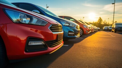 A close-up view of a row of used cars for sale at an outdoor car dealership. The focus is on the front of the cars, with clean and polished exteriors under natural daylight.