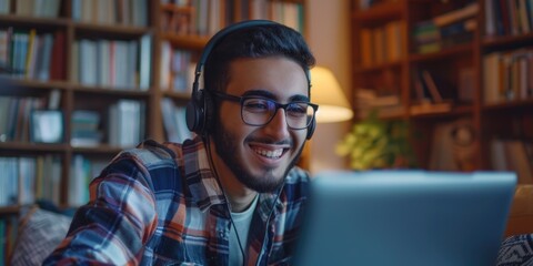 A person using a laptop with headphones on, suitable for remote work or learning scenarios