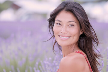 Japanese woman smile wearing red sundress outdoor at lavender field