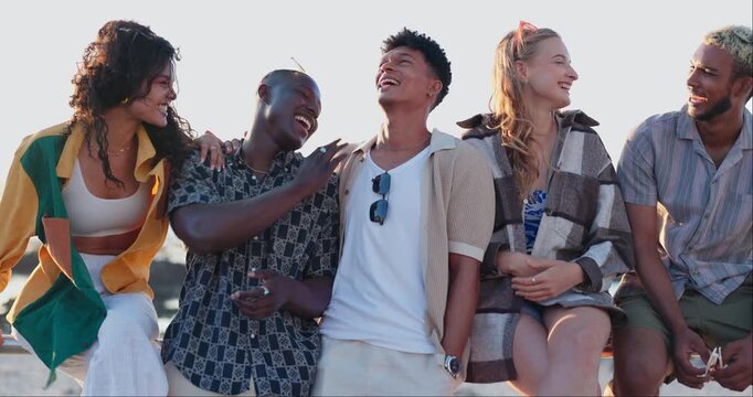 Beach, happy and friends laughing in city for bonding, relaxing and social gathering outdoors. Friendship, fashion and group of men and women by ocean for travel on holiday, vacation and weekend