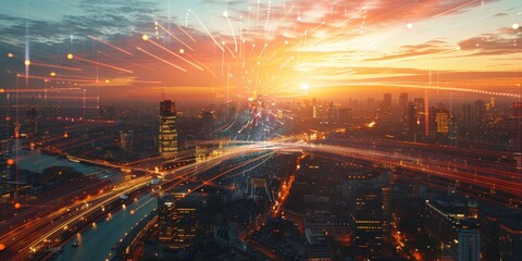 A digital network skyline featuring a futuristic cityscape at sunset, with interconnected lines and nodes illuminating the skyline